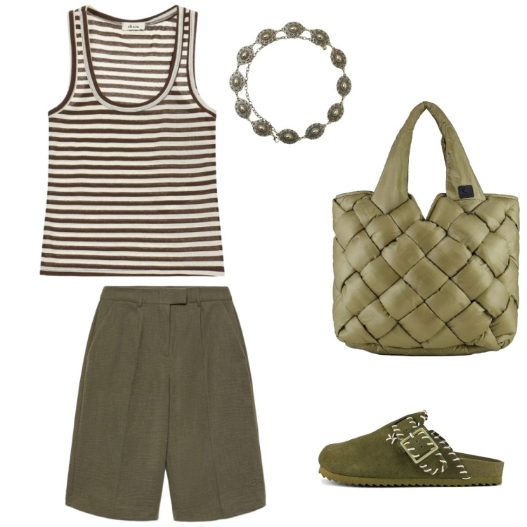 Outfit donna - Green passion. Stile Casual per Tutti i giorni. Abbinamento con bermuda, cinture, top, borse tote, sabot.