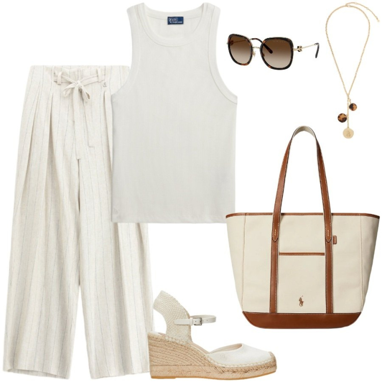 Outfit donna - Total look #2428335. Stile Casual chic per Ufficio. Abbinamento con pantaloni a palazzo, espadrillas, borse tote, canottiere, collane, occhiali da sole.