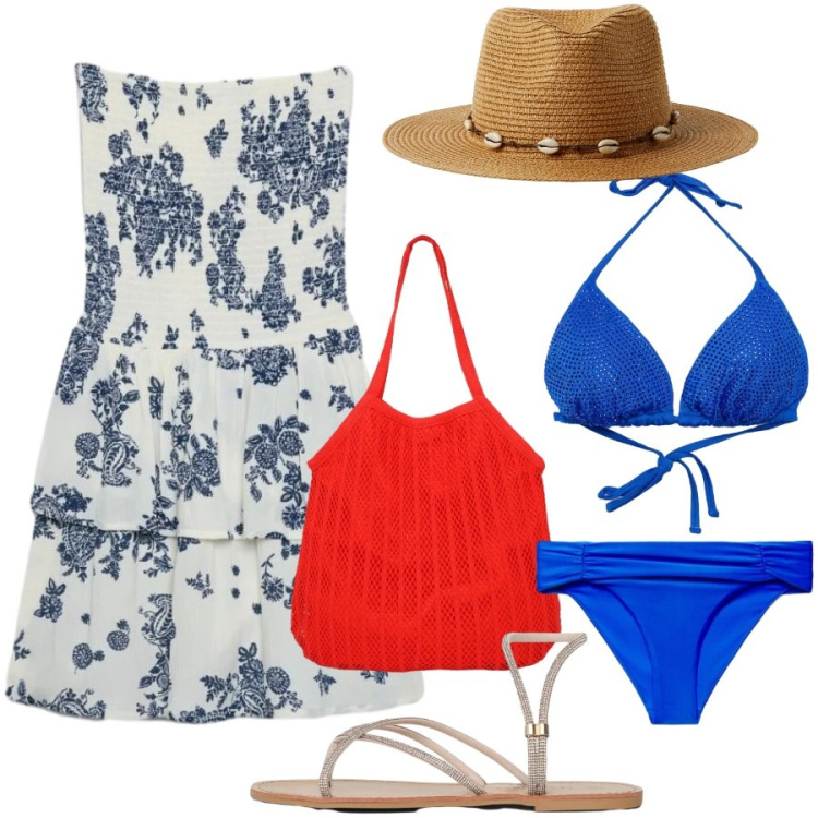 Outfit donna - Mare. Stile Casual chic per Mare. Abbinamento con vestiti corti, bikini, bikini, shopping bag, cappelli, sandali.