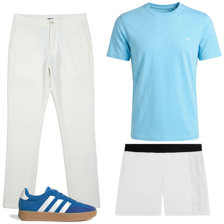Outfit uomo - Luglio al mare. Stile Trendy per Mare. Abbinamento con t-shirt, costumi, pantaloni, sneakers.