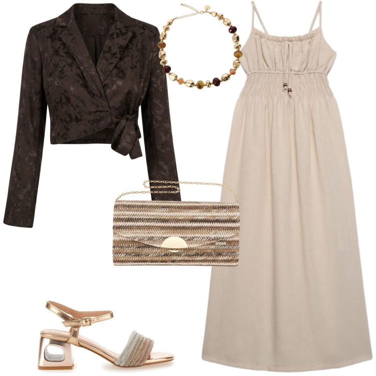 Outfit donna - Chic serata evento speciale. Stile Chic per Serata fuori. Abbinamento con vestiti lunghi, collane, cappotti, sandali col tacco, clutch.