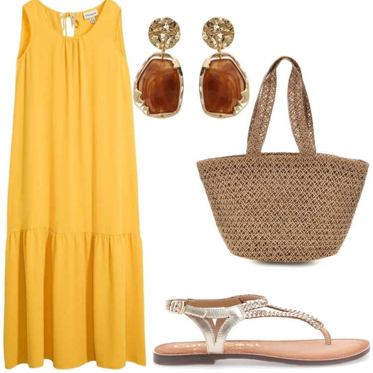 Outfit donna - Il potere del colore. Stile Glamour per Tutti i giorni. Abbinamento con vestiti lunghi, orecchini, sandali, borse tote.