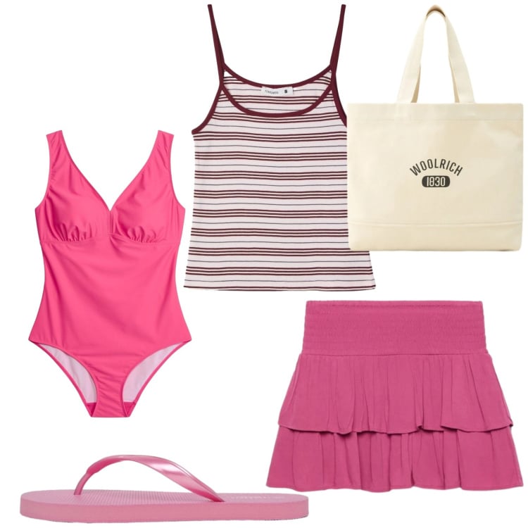 Outfit donna - Total look #2428347. Stile Casual per Mare. Abbinamento con costumi interi, canottiere, minigonne, infradito, borse tote.