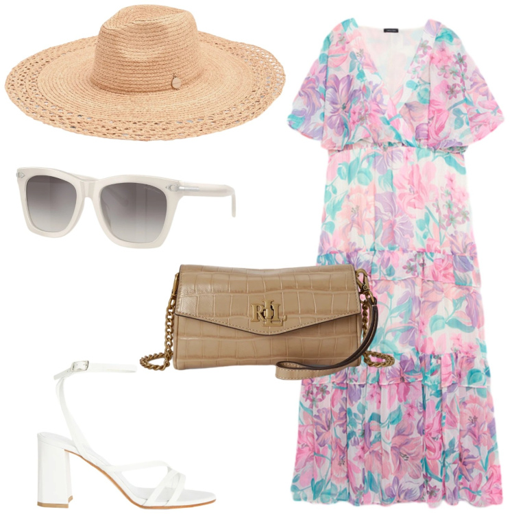 Outfit donna - Total look #2428349. Stile Romantica per Cerimonia. Abbinamento con sandali in pelle, cappelli, vestiti lunghi, portafogli, occhiali da sole.