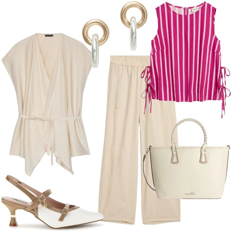 Outfit donna - Lino e leggerezza. Stile Chic per Ufficio. Abbinamento con canottiere, pantaloni, shopping bag, caftani, orecchini, décolleté.