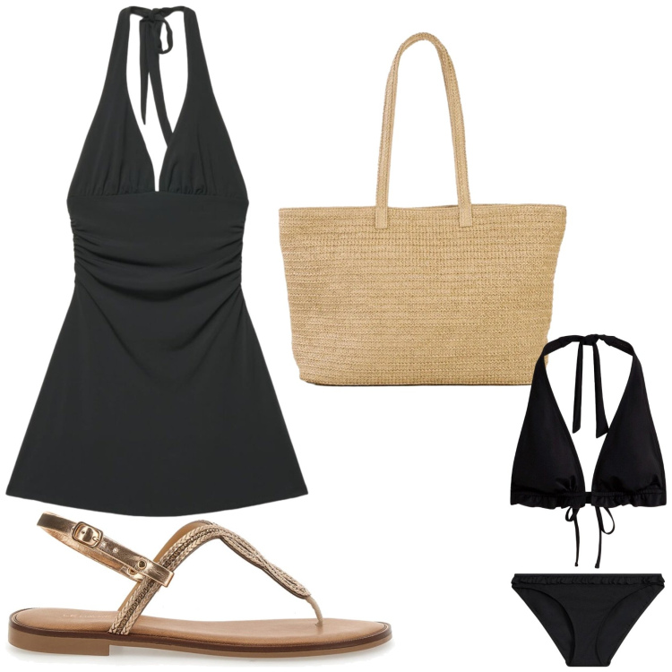 Outfit donna - Weekend al mare. Stile Trendy per Mare. Abbinamento con shopping bag, bikini, vestiti corti, sandali.