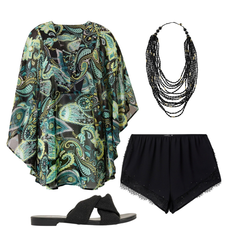 Outfit donna - Il kaftano. Stile Chic per Tutti i giorni. Abbinamento con sandali, vestiti da spiaggia, shorts, collane.