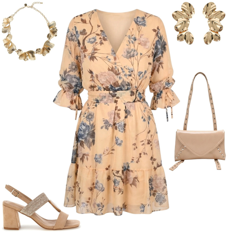 Outfit donna - Romantica serata. Stile Romantica per Serata fuori. Abbinamento con collane, orecchini, vestiti corti, borse a spalla, sandali col tacco.