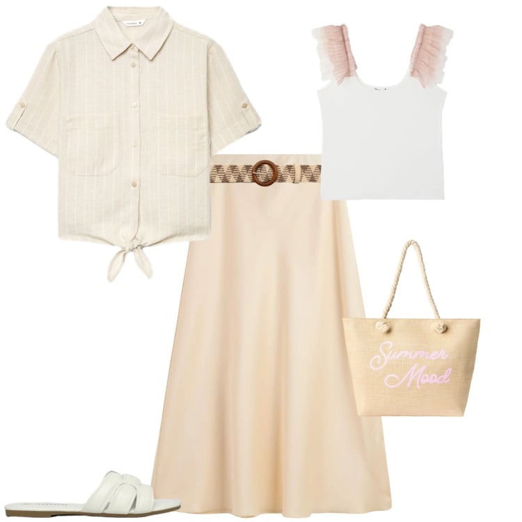 Outfit donna - Casual chic ogni giorno. Stile Casual chic per Tutti i giorni. Abbinamento con gonne lunghe, canottiere, camicie a manica corta, cinture, ciabatte, borse tote.
