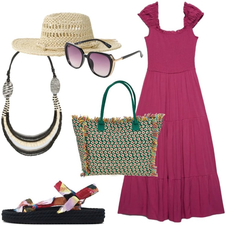 Outfit donna - Un\' estate a colori. Stile Boho per Tutti i giorni. Abbinamento con occhiali da sole, vestiti lunghi, cappelli, collane, shopping bag, sandali.