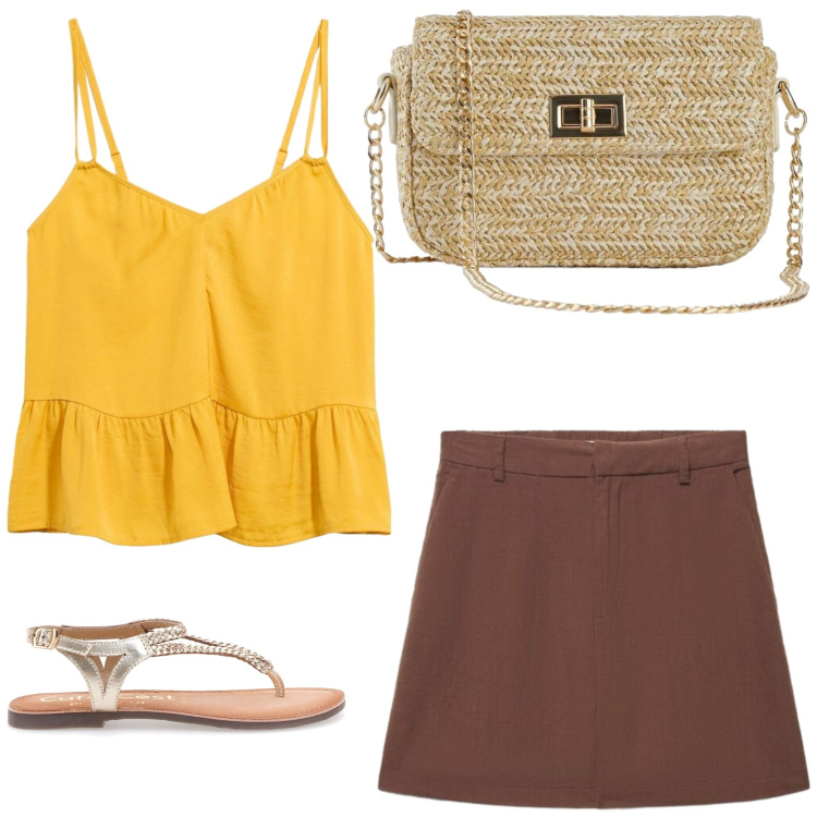 Outfit donna - Passeggiata al tramonto. Stile Trendy per Mare. Abbinamento con top, borse a tracolla, shorts, sandali.