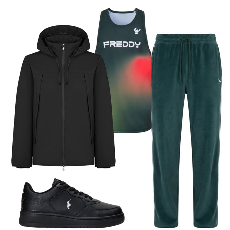 Outfit uomo - Total look #2428369. Stile Trendy per Sport. Abbinamento con pantaloni, canottiere, giacche, sneakers.