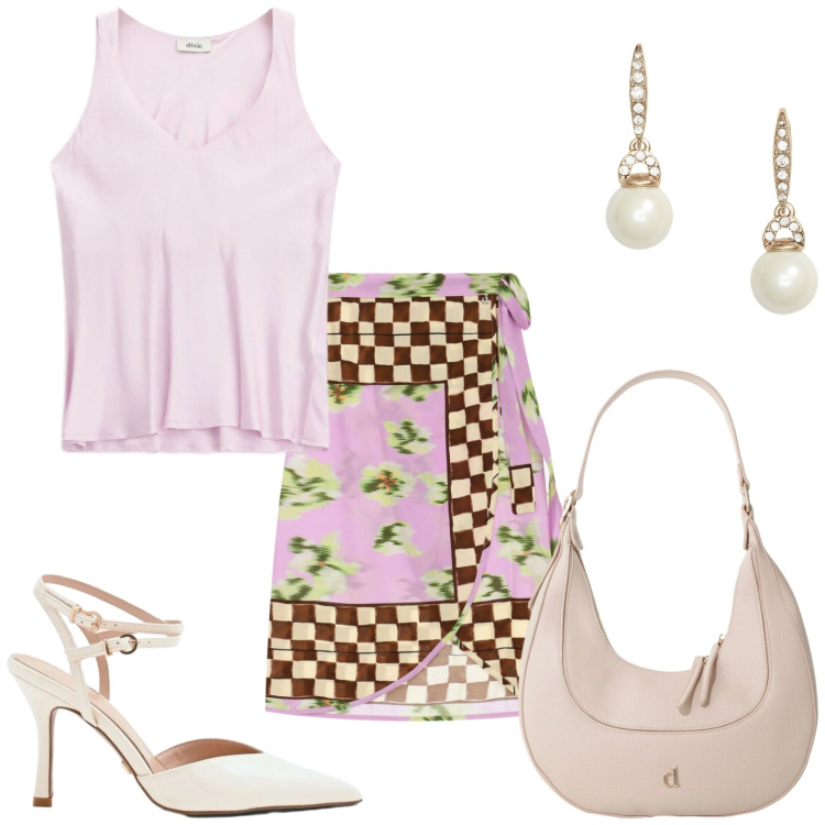 Outfit donna - Evento piacevole. Stile Glamour per Cerimonia. Abbinamento con décolleté, borse a tracolla, top, gonne longuette, orecchini.