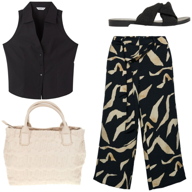 Outfit donna - Mix sofisticato. Stile Chic per Tutti i giorni. Abbinamento con sandali, top, pantaloni, borse a mano.