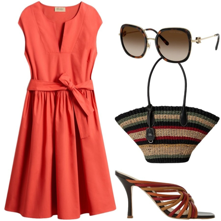Outfit donna - Urban style. Stile Chic per Tutti i giorni. Abbinamento con sandali, borse tote, occhiali da sole, vestiti corti.