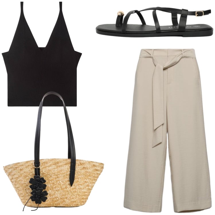 Outfit donna - Estate in città. Stile Urban per Tutti i giorni. Abbinamento con shopping bag, pantaloni a palazzo, top, sandali.