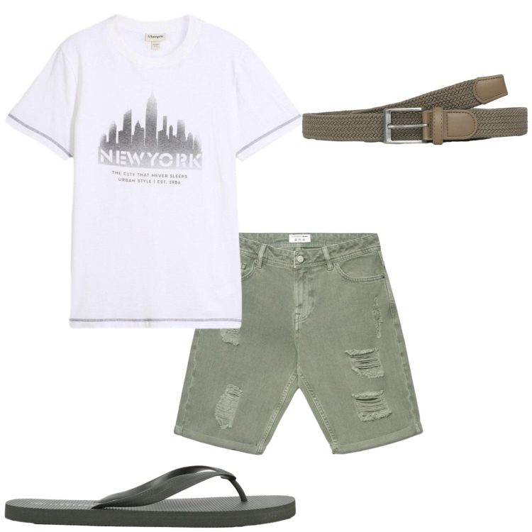 Outfit uomo - La sera al mare. Stile Casual per Tutti i giorni. Abbinamento con t-shirt, cinture, bermuda, sandali.