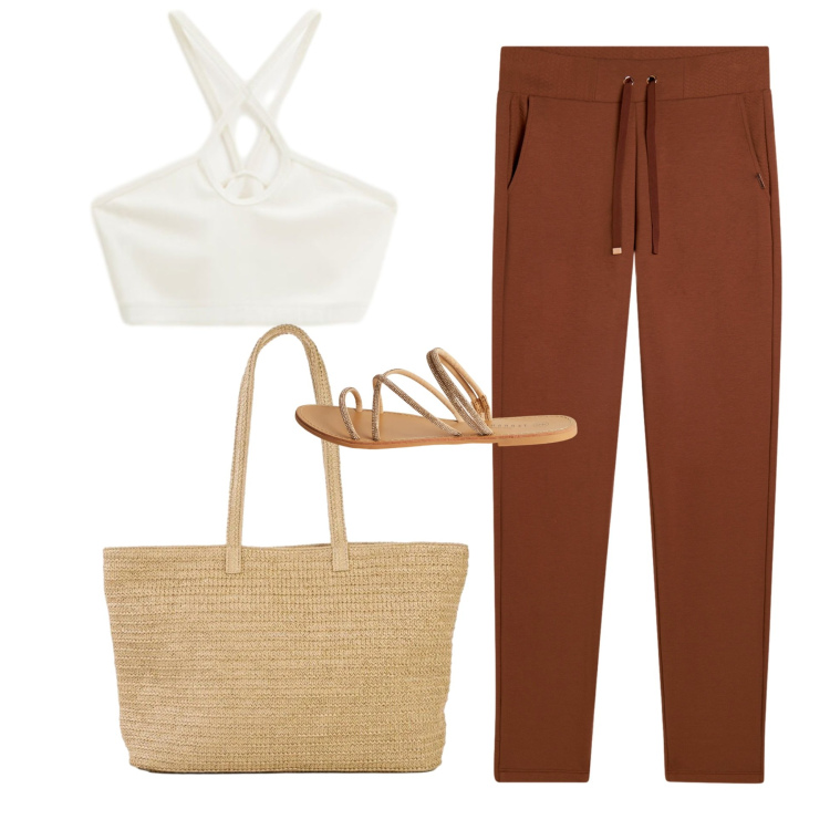 Outfit donna - Brown & Cream Vibes. Stile Basic per Mare. Abbinamento con shopping bag, sandali, top, pantaloni.