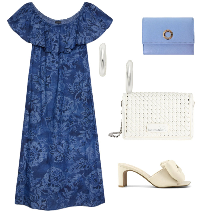 Outfit donna - Brezza d\'estate in blu. Stile Romantica per Mare. Abbinamento con borse a tracolla, vestiti lunghi, orecchini, portafogli, sandali col tacco.