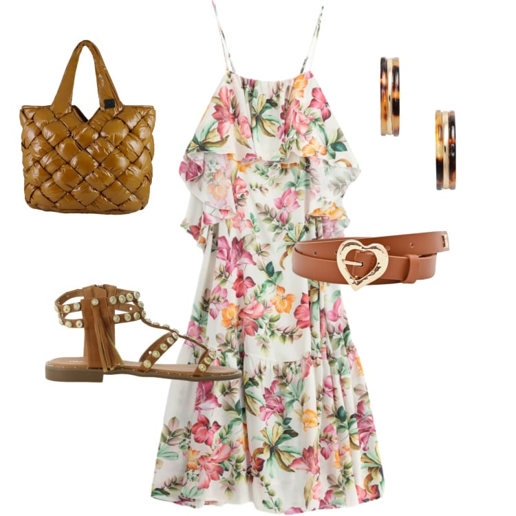 Outfit donna - Fiori d\'Estate. Stile Romantica per Serata fuori. Abbinamento con cinture, sandali, vestiti lunghi, orecchini, borse tote.