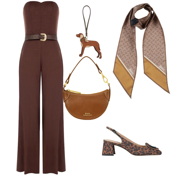 Outfit donna - Chocolate Chic. Stile Glamour per Serata fuori. Abbinamento con sciarpe, décolleté, tute, borse a tracolla, ciondoli.