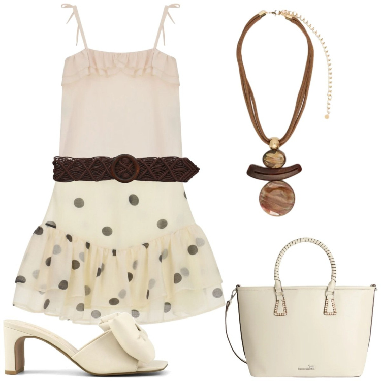 Outfit donna - Al mercatino con mamma. Stile Bon Ton per Tutti i giorni. Abbinamento con cinture, minigonne, top, shopping bag, ciondoli, sandali col tacco.