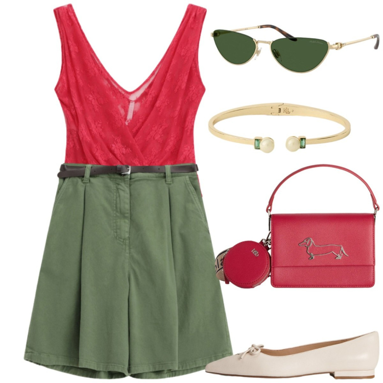 Outfit donna - Watermelon Pink. Stile Casual chic per Tutti i giorni. Abbinamento con borse a tracolla, ballerine, braccialetti, occhiali da sole, shorts, top.