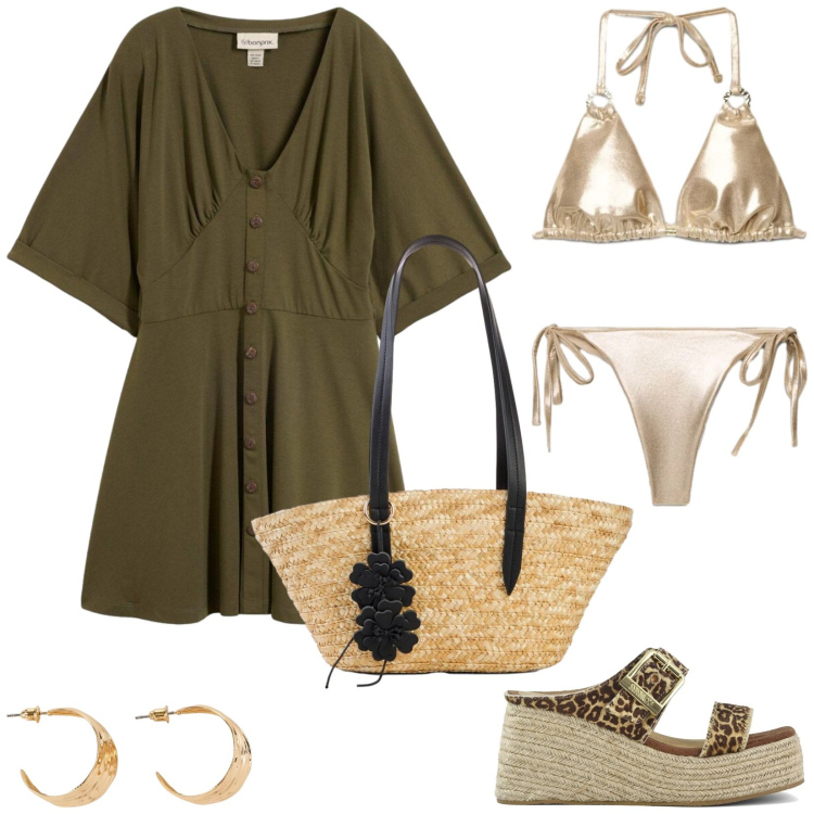 Outfit donna - Vagamente felina. Stile Casual per Mare. Abbinamento con shopping bag, orecchini, vestiti corti, bikini, bikini, zeppe.