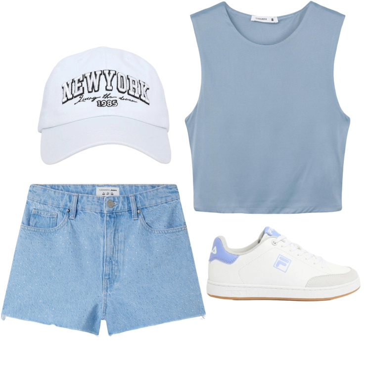 Outfit donna - AURA. Stile Casual per Tutti i giorni. Abbinamento con sneakers, cappelli, top, shorts.