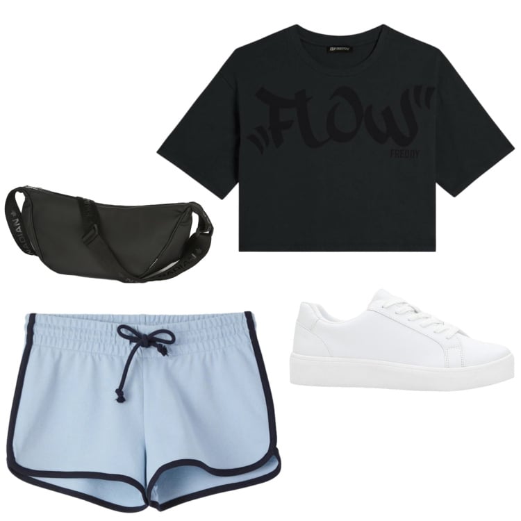 Outfit donna - Six Seven. Stile Casual per Tutti i giorni. Abbinamento con sneakers, shorts, t-shirt, marsupi.