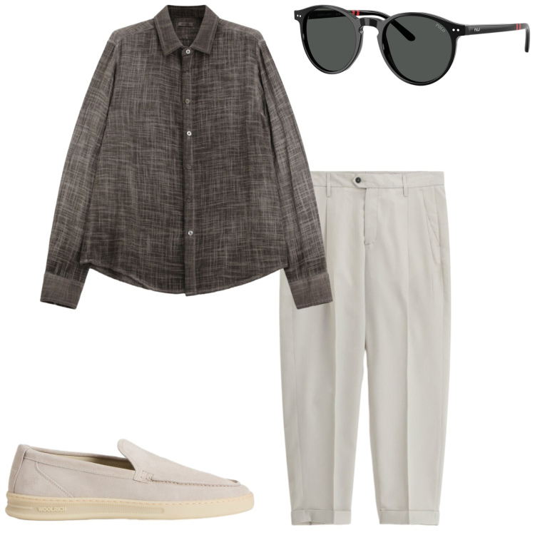 Outfit uomo - Lino in città. Stile Urban per Ufficio. Abbinamento con scarpe stringate, occhiali da sole, camicie, pantaloni.