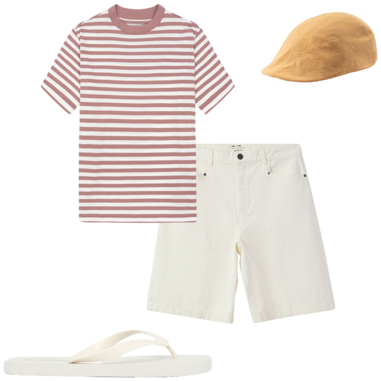Outfit uomo - Weekend al mare. Stile Casual per Mare. Abbinamento con bermuda, sandali, cappelli con visiera, t-shirt.