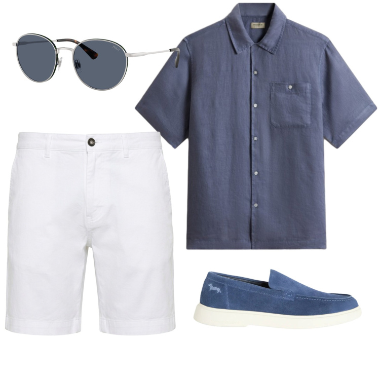 Outfit uomo - Fresca camicia in lino. Stile Trendy per Tutti i giorni. Abbinamento con bermuda, scarpe stringate, camicie a manica corta, occhiali da sole.