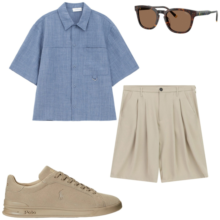 Outfit uomo - Weekend al mare. Stile Casual per Mare. Abbinamento con sneakers, occhiali da sole, camicie a manica corta, bermuda.
