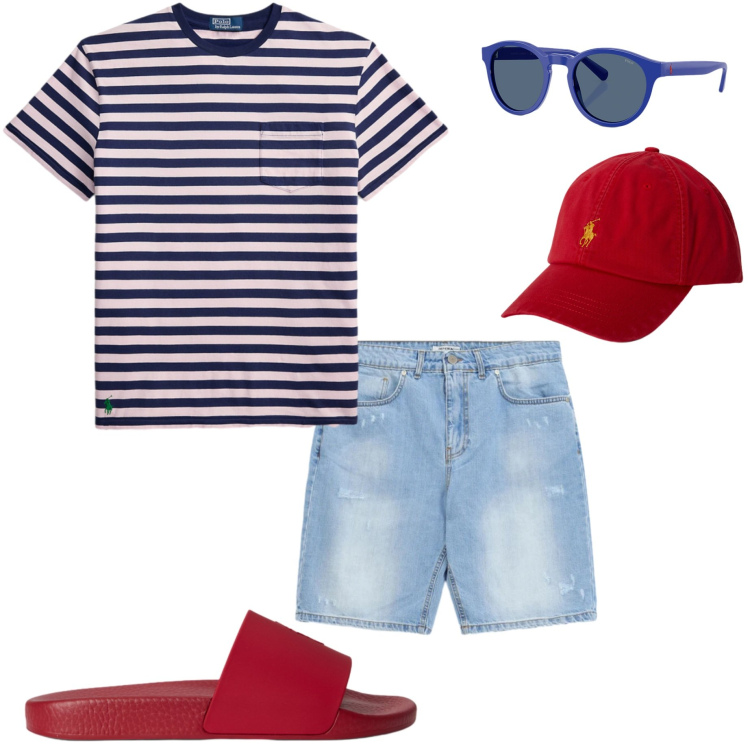 Outfit uomo - Righe d\'estate. Stile Casual per Mare. Abbinamento con occhiali da sole, cappelli con visiera, sandali, t-shirt, bermuda.