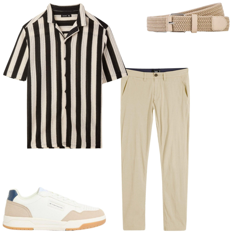 Outfit uomo - Righe d\'estate. Stile Casual per Tutti i giorni. Abbinamento con pantaloni chino, sneakers, cinture, camicie a manica corta.