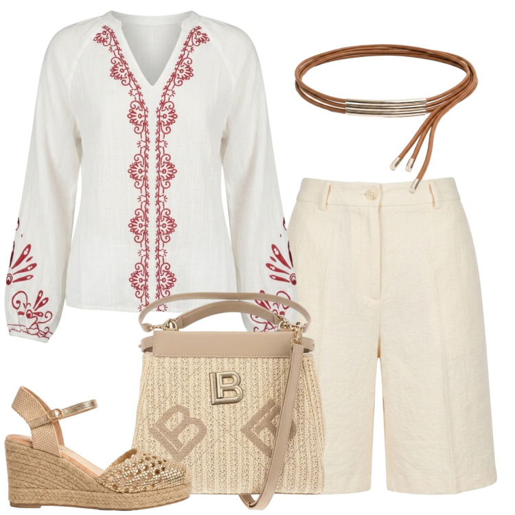 Outfit donna - Etnica ma non troppo. Stile Boho per Ufficio. Abbinamento con bermuda, espadrillas, cinture, bluse, borse a tracolla.