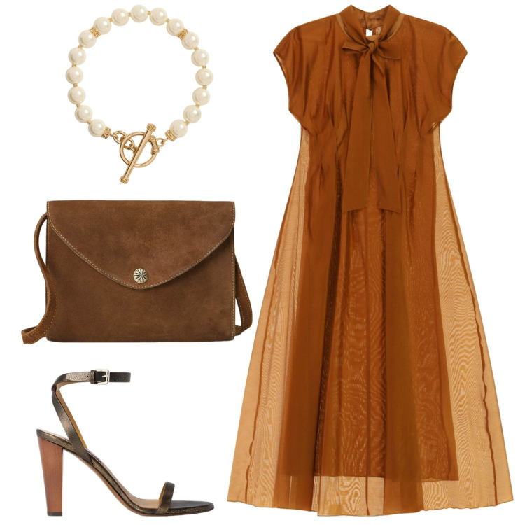 Outfit donna - Cerimonia in marrone. Stile Chic per Cerimonia. Abbinamento con vestiti lunghi, borse a tracolla, collane, sandali col tacco.
