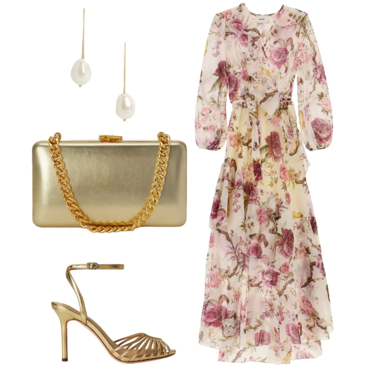 Outfit donna - Romantica a fiori. Stile Romantica per Cerimonia. Abbinamento con vestiti lunghi, clutch, orecchini, sandali in pelle.