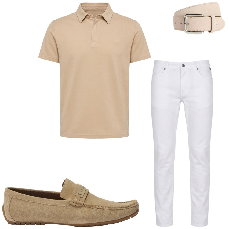 Outfit uomo - In città a luglio. Stile Urban per Ufficio. Abbinamento con polo, scarpe stringate, pantaloni, cinture.