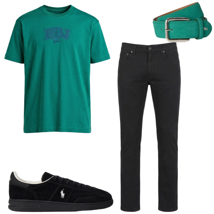 Outfit uomo - Verde e nero. Stile Casual per Tutti i giorni. Abbinamento con pantaloni, t-shirt, cinture, sneakers.
