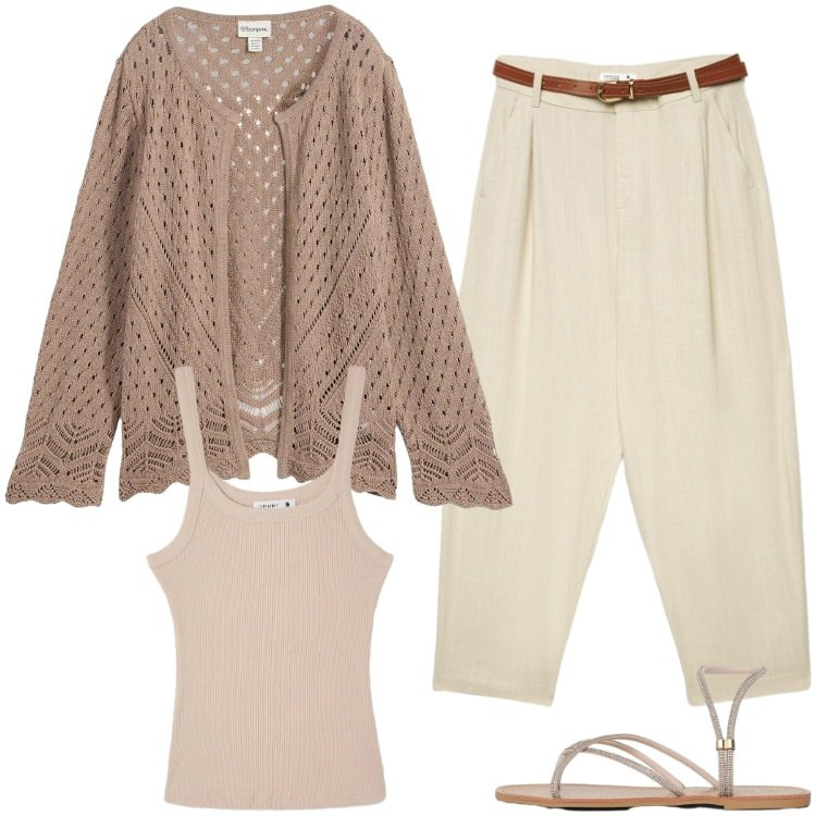 Outfit donna - Total look #2428435. Stile Boho per Tutti i giorni. Abbinamento con cardigans, pantaloni chino, canottiere, sandali.