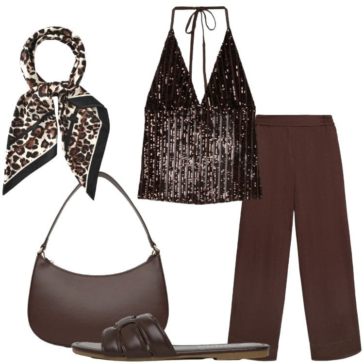 Outfit donna - Terranova - Summer Essentials. Stile Trendy per Serata fuori. Abbinamento con pantaloni, foulard, top, borse a tracolla, ciabatte.