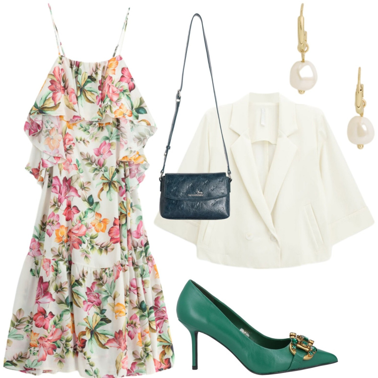 Outfit donna - Capi delicati. Stile Chic per Cerimonia. Abbinamento con décolleté, blazer, vestiti lunghi, borse a tracolla, orecchini.