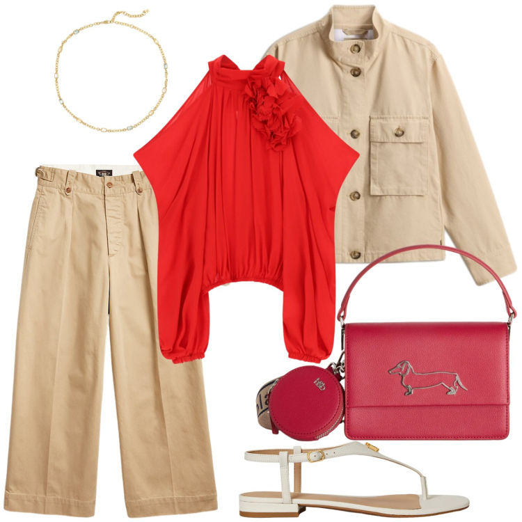 Outfit donna - Magiche tonalità. Stile Trendy per Tutti i giorni. Abbinamento con borse a tracolla, top, pantaloni, sandali in pelle, collane, blazer.
