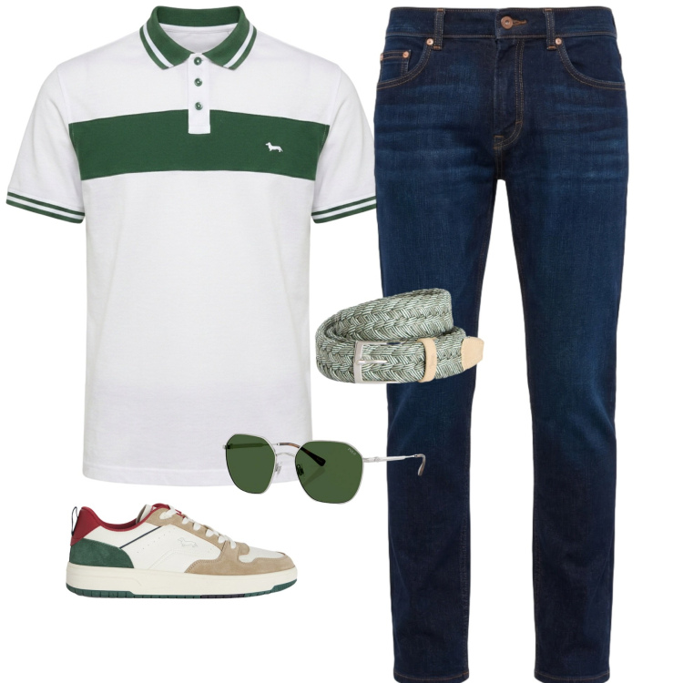 Outfit uomo - Sporty Elegance. Stile Urban per Tutti i giorni. Abbinamento con sneakers, jeans, cinture, polo, occhiali da sole.