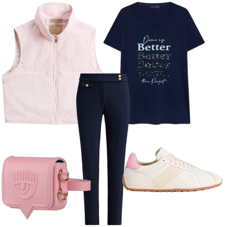 Outfit donna - Dinamica. Stile Casual per Tutti i giorni. Abbinamento con marsupi, t-shirt, pantaloni, sneakers, gilet.