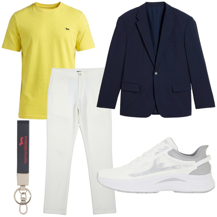 Outfit uomo - T-shirt solare. Stile Casual per Tutti i giorni. Abbinamento con giacche, t-shirt, portachiavi, pantaloni, sneakers.