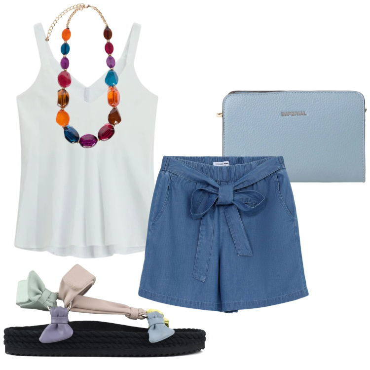 Outfit donna - Total look #2428449. Stile Minimal per Mare. Abbinamento con shorts, collane, borse a tracolla, top, sandali.