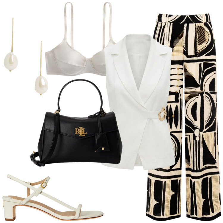 Outfit donna - Eleganza morbida. Stile Casual chic per Ufficio. Abbinamento con gilet, pantaloni a palazzo, sandali in pelle, orecchini, borse a mano, reggiseni.